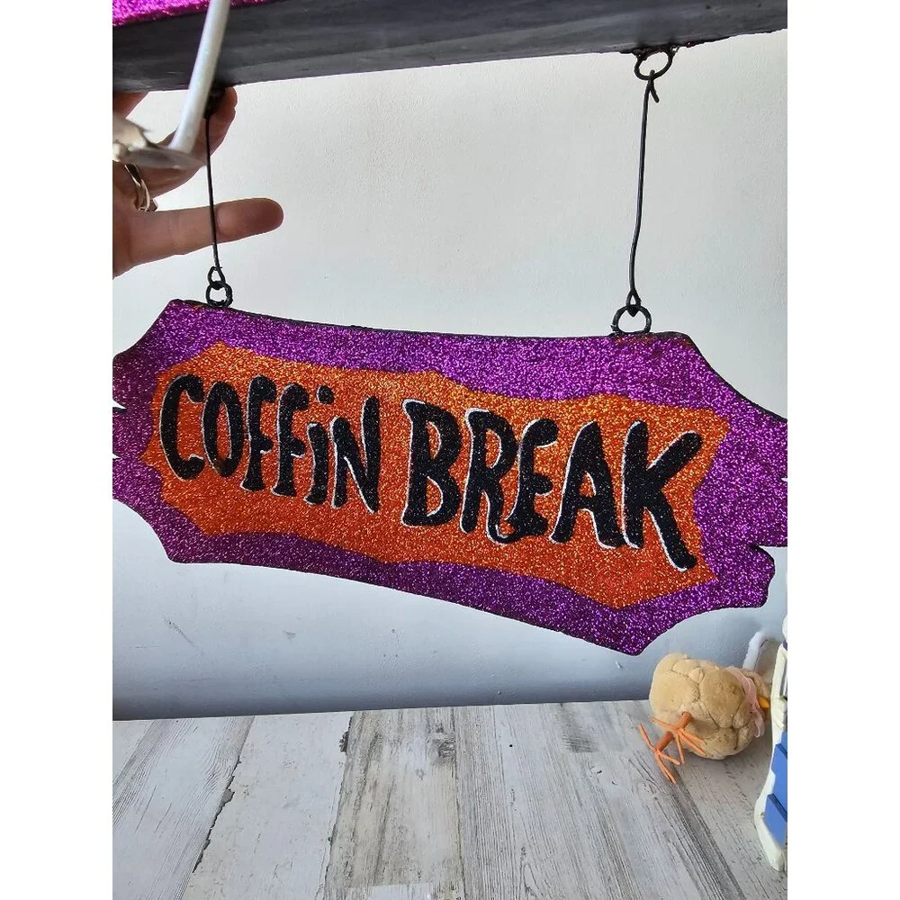 Pier 1 skeleton coffin break glitter RARE Halloween sign hanging decor unique sp